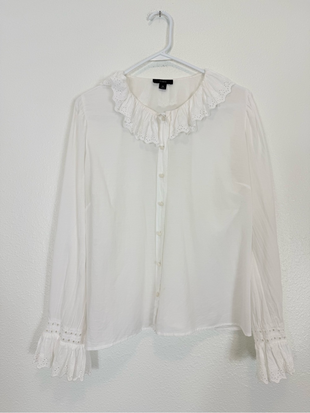 J. Crew White Eyelet Ruffle Collar Sleeves Embroidered Button Down Blouse